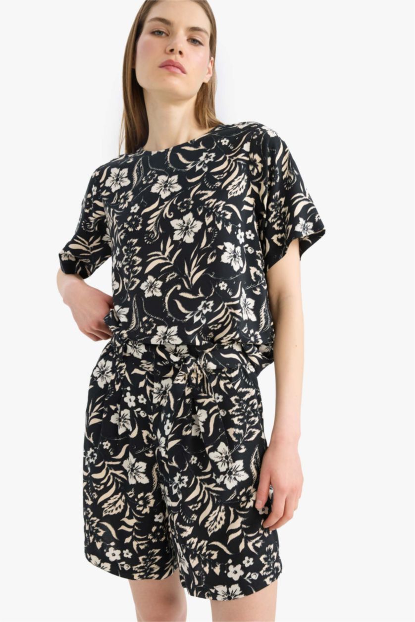 FEMME Noir Blouse imprimé à col rond et manches courtes