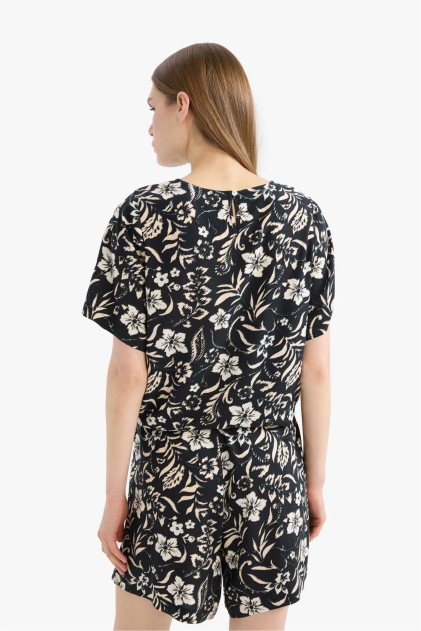 FEMME Noir Blouse imprimé à col rond et manches courtes