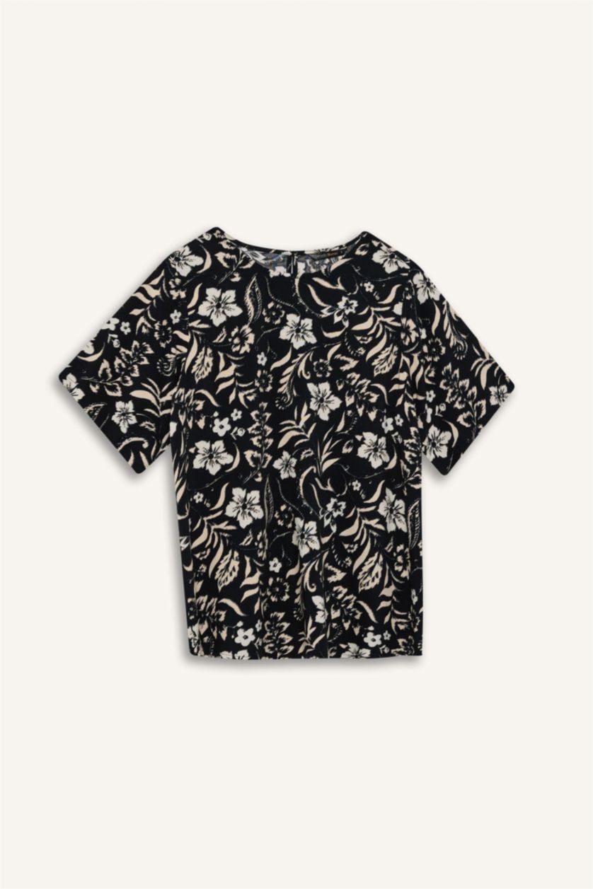 FEMME Noir Blouse imprimé à col rond et manches courtes