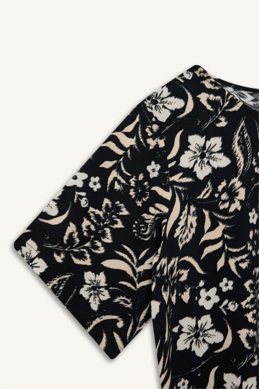 FEMME Noir Blouse imprimé à col rond et manches courtes