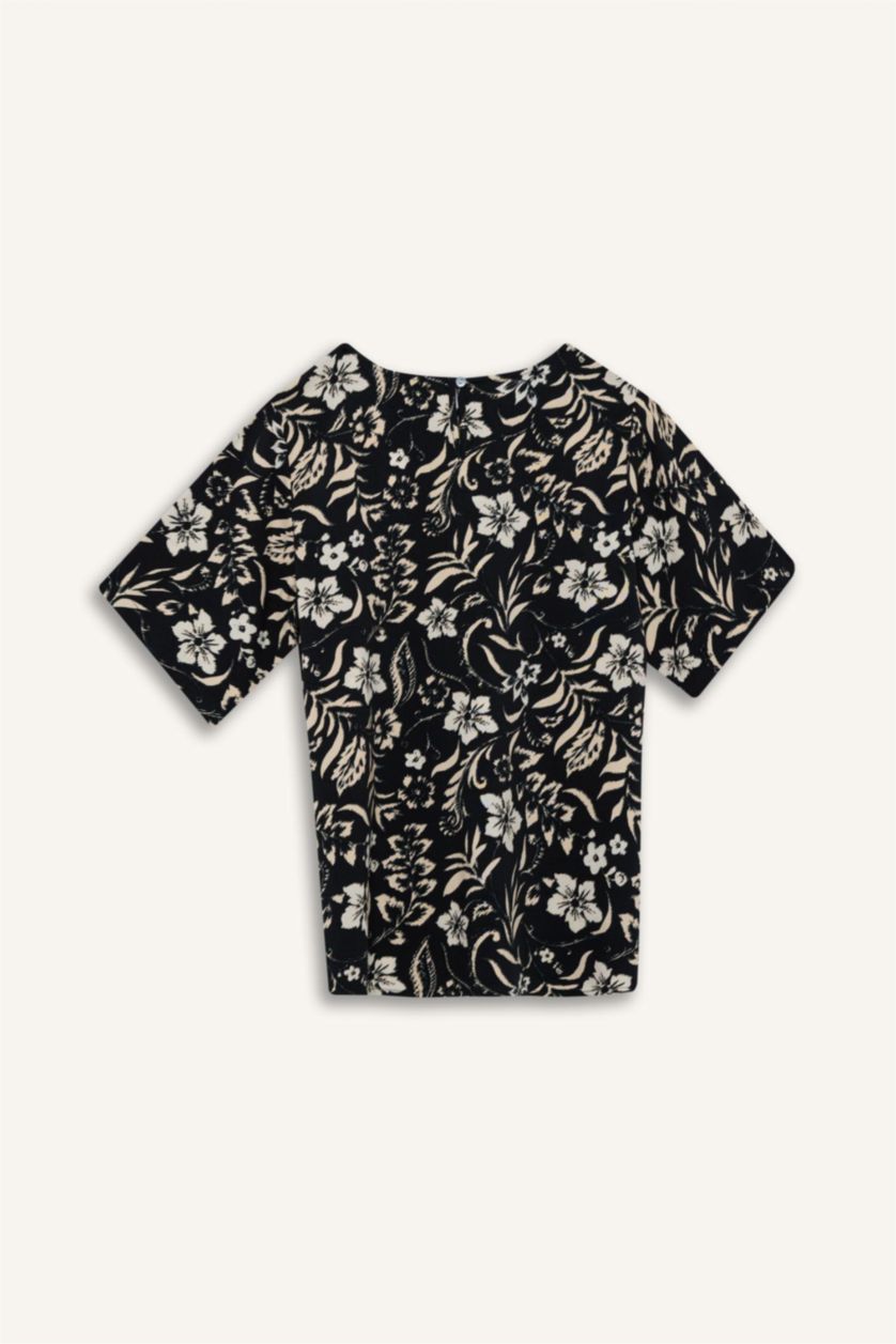 FEMME Noir Blouse imprimé à col rond et manches courtes