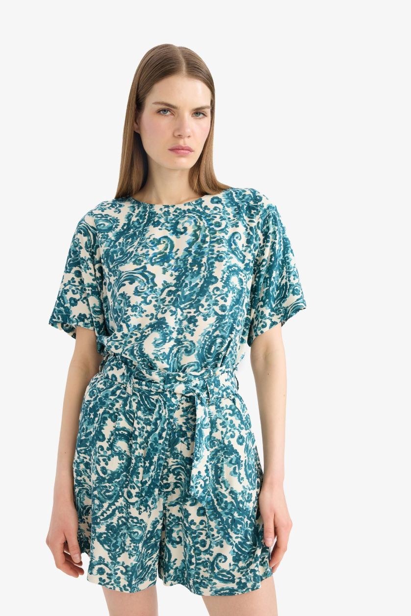 FEMME Bleu Blouse à col rond imprimée à manches courtes Coupe régulière