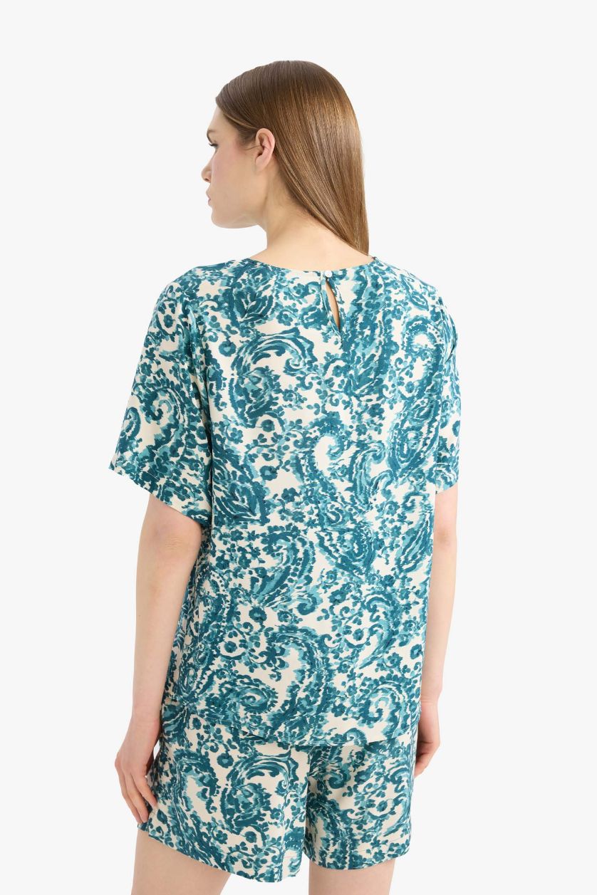 FEMME Bleu Blouse à col rond imprimée à manches courtes Coupe régulière