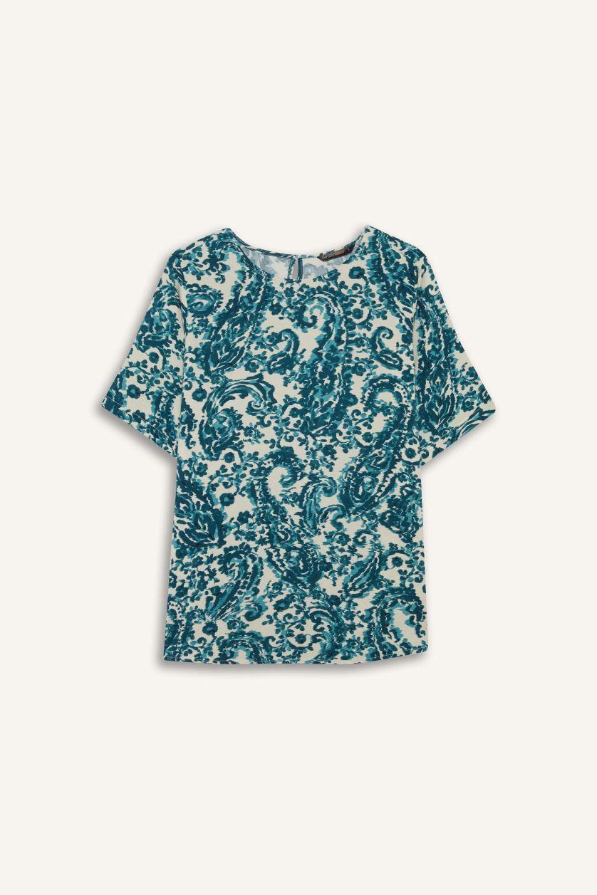 FEMME Bleu Blouse à col rond imprimée à manches courtes Coupe régulière