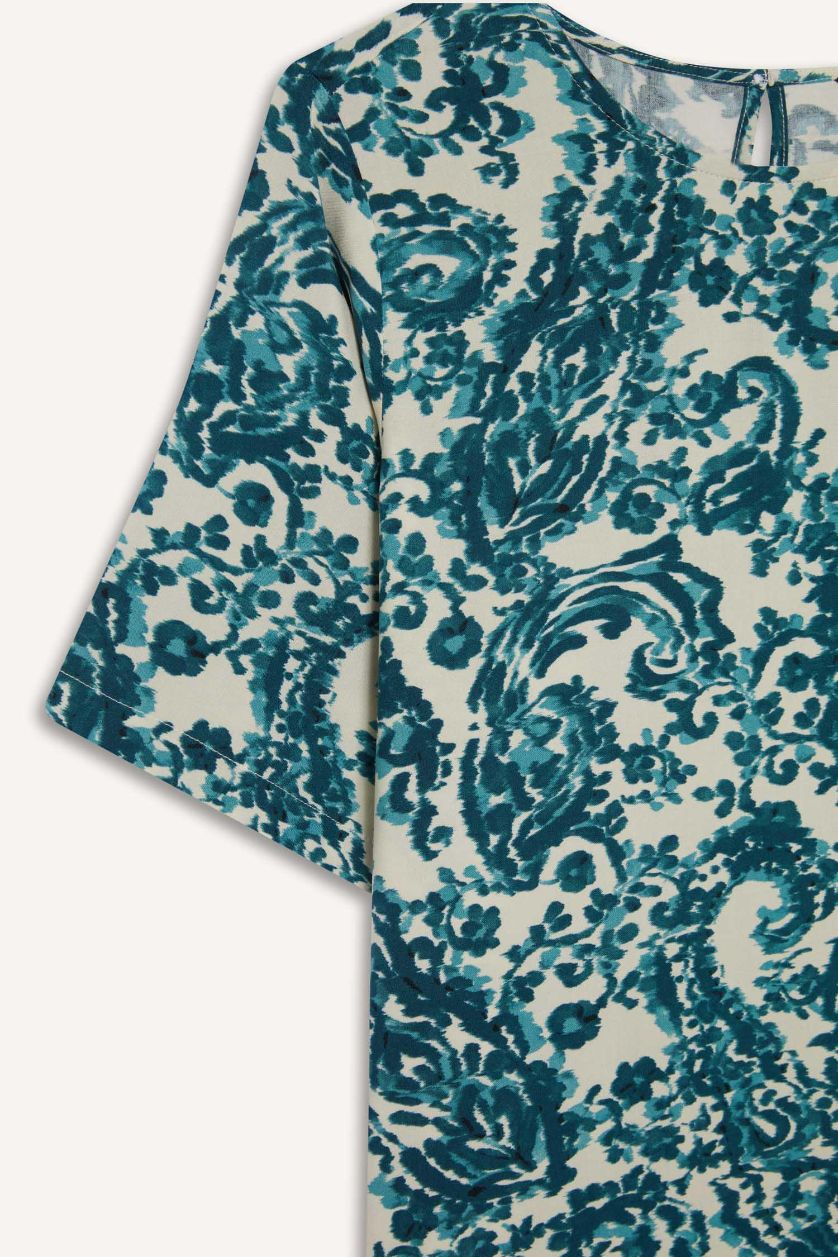 FEMME Bleu Blouse à col rond imprimée à manches courtes Coupe régulière