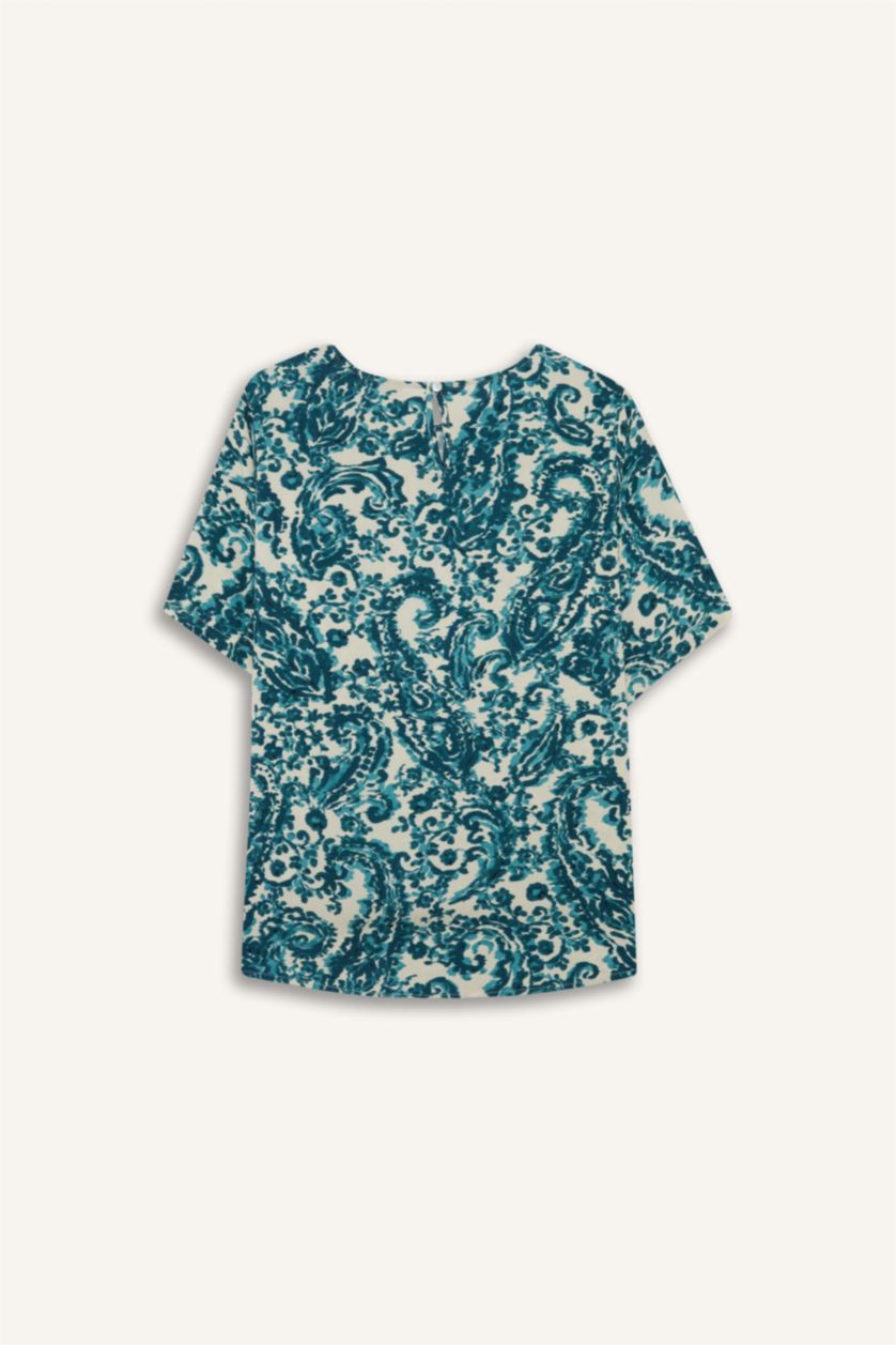 FEMME Bleu Blouse à col rond imprimée à manches courtes Coupe régulière