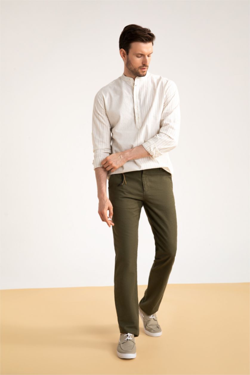 Erkek Haki Regular Fit Keten Karışımlı Chino Pantolon