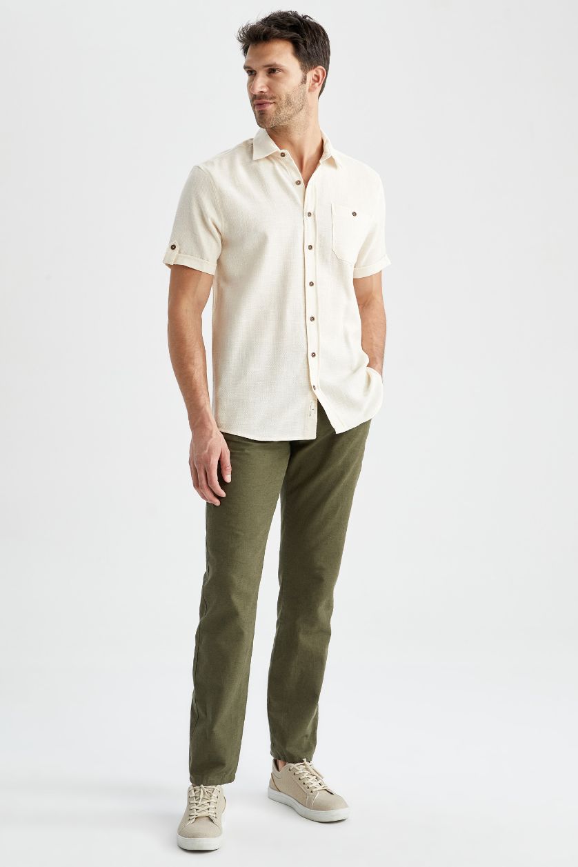 Erkek Haki Regular Fit Keten Karışımlı Chino Pantolon