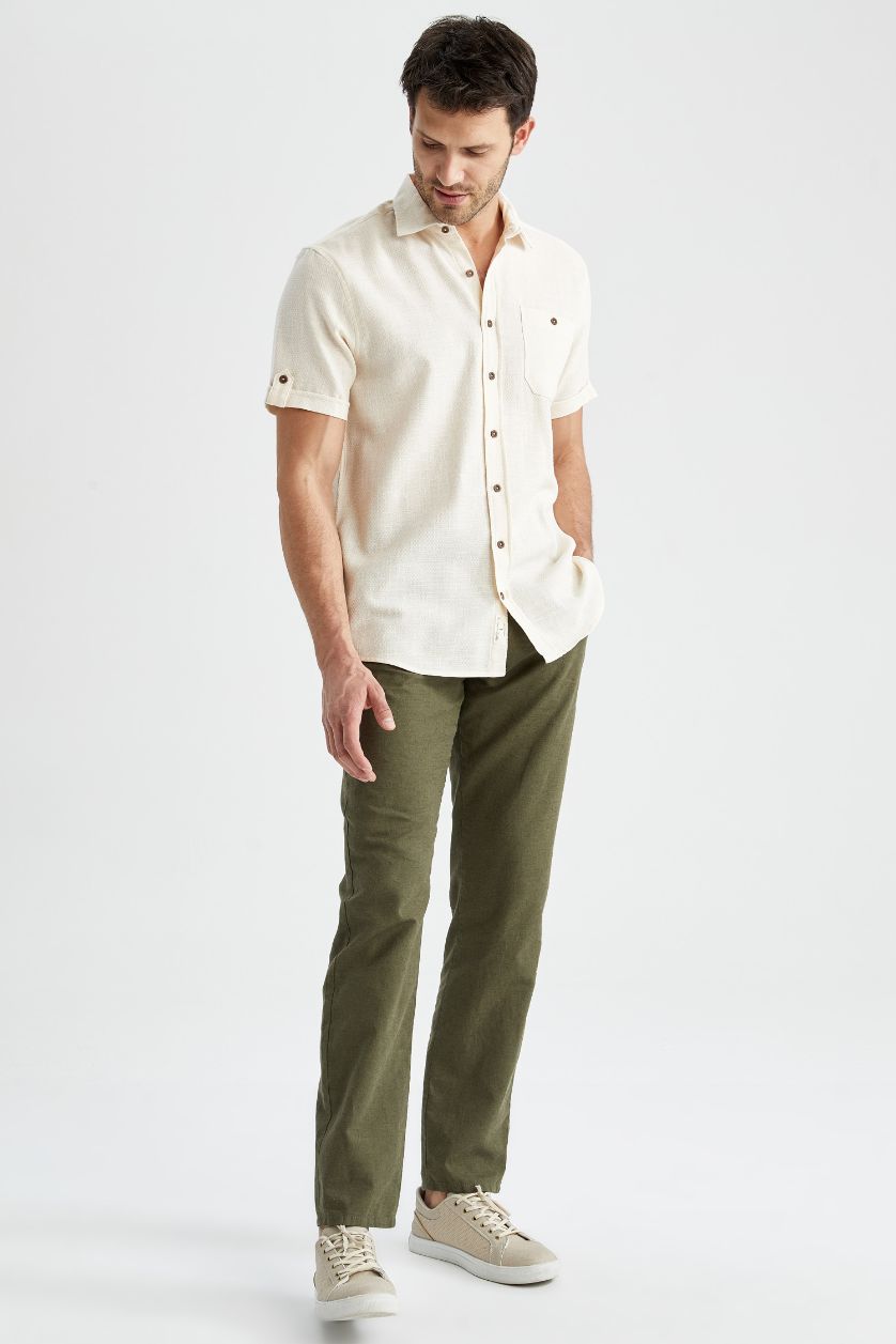 Erkek Haki Regular Fit Keten Karışımlı Chino Pantolon