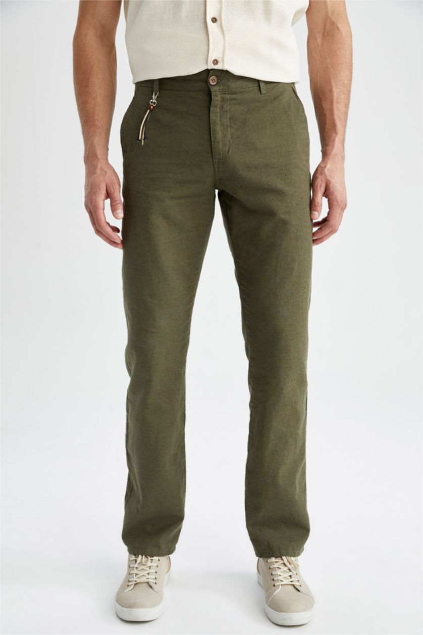 Erkek Haki Regular Fit Keten Karışımlı Chino Pantolon