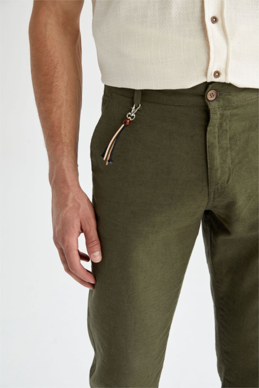 Erkek Haki Regular Fit Keten Karışımlı Chino Pantolon