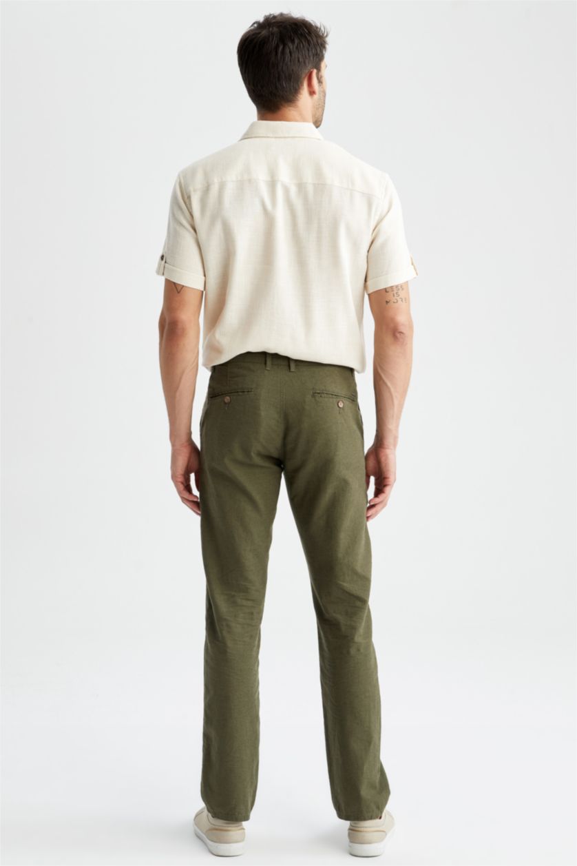 Erkek Haki Regular Fit Keten Karışımlı Chino Pantolon