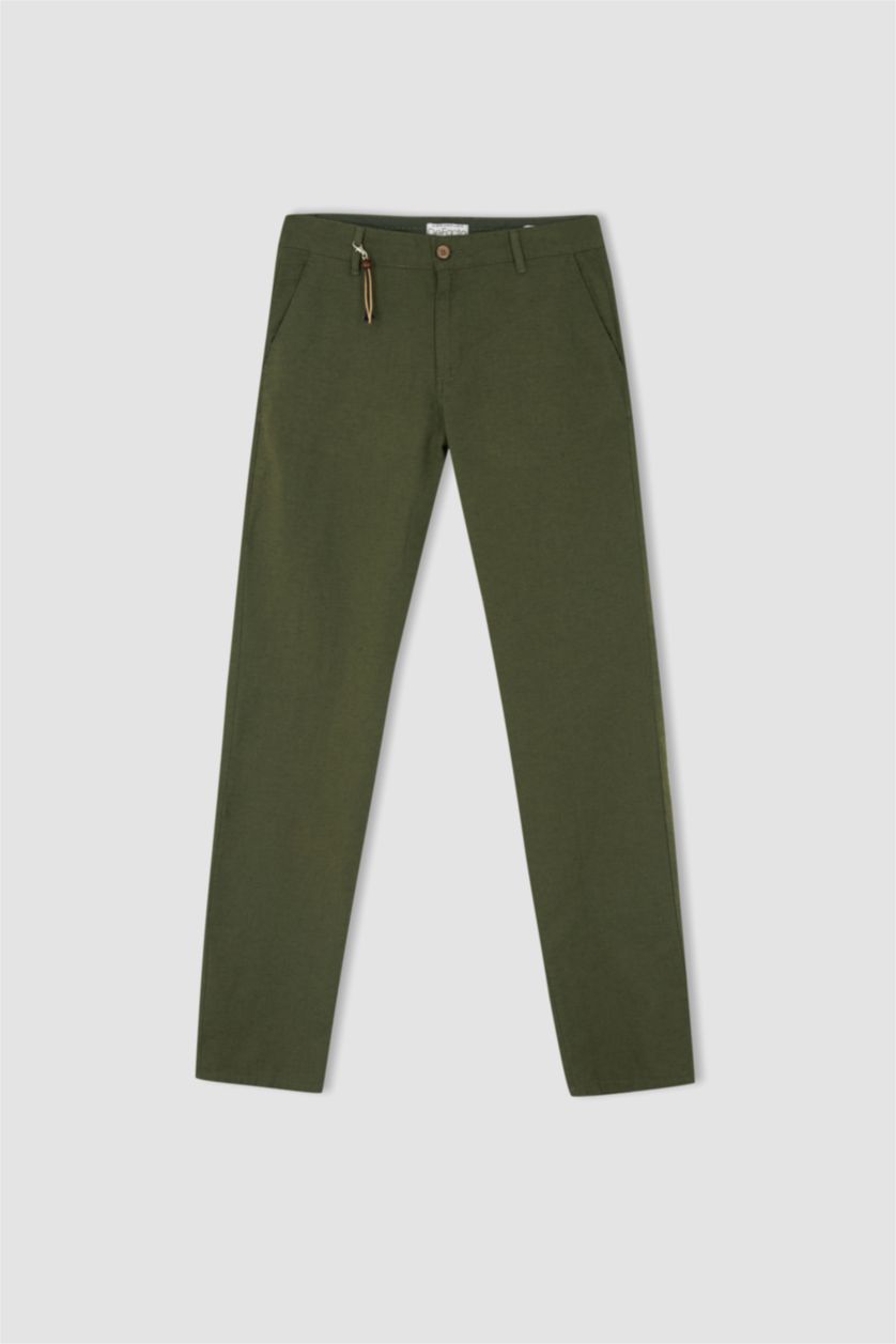 Erkek Haki Regular Fit Keten Karışımlı Chino Pantolon