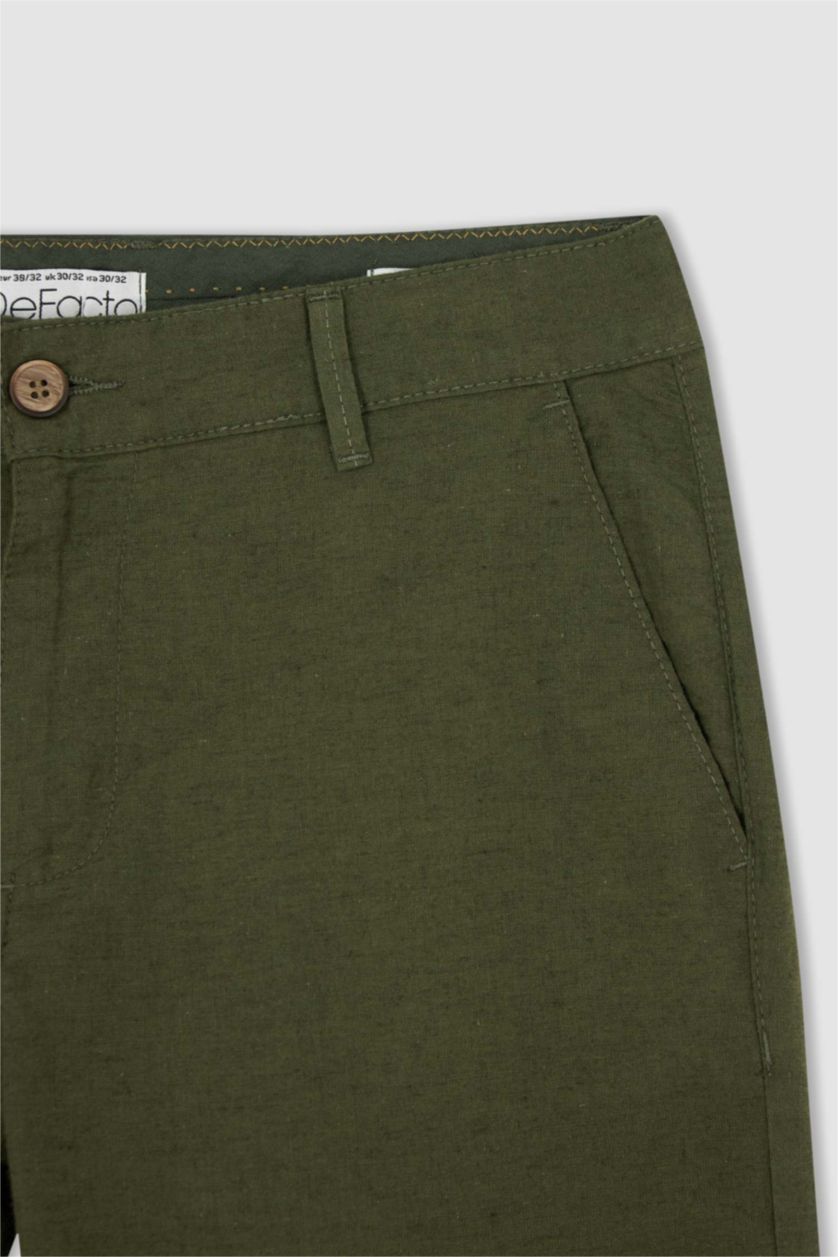Erkek Haki Regular Fit Keten Karışımlı Chino Pantolon