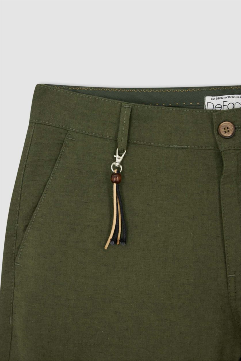 Erkek Haki Regular Fit Keten Karışımlı Chino Pantolon