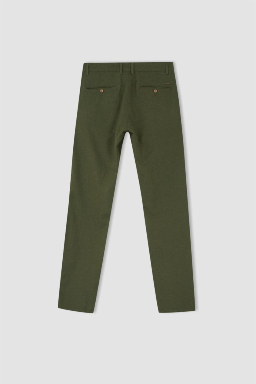 Erkek Haki Regular Fit Keten Karışımlı Chino Pantolon