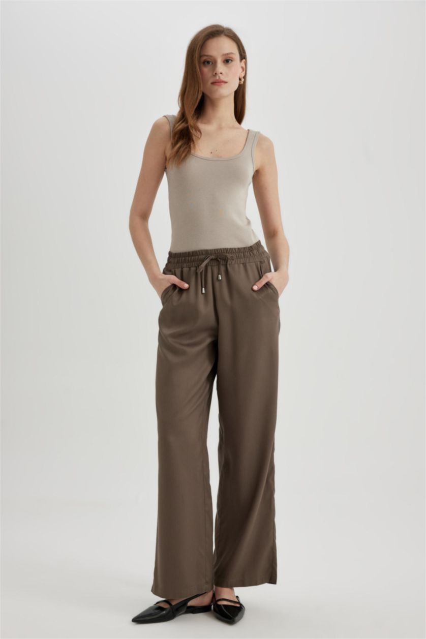 FEMME Marron Pantalon Large Viscose Taille Haute à Poches Modèle Florida