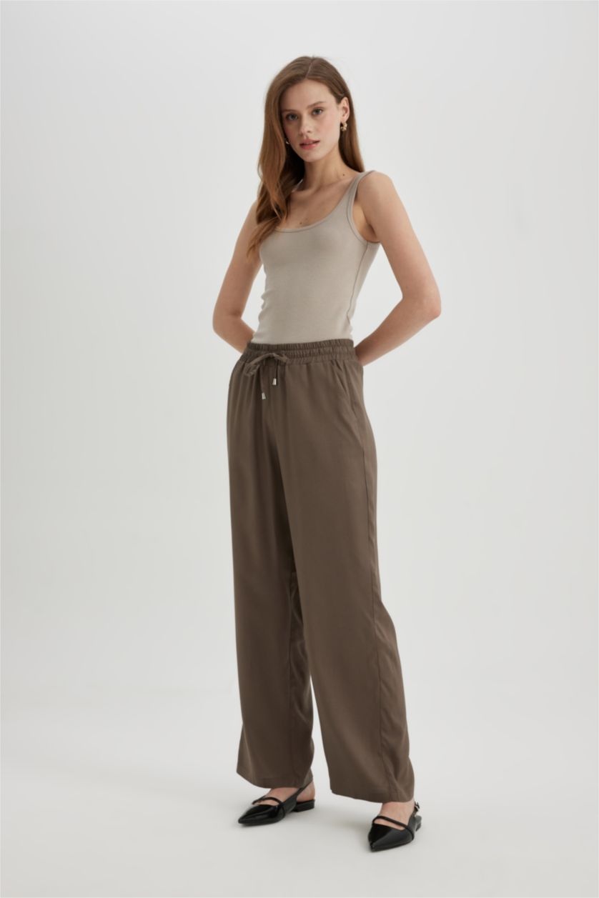 FEMME Marron Pantalon Large Viscose Taille Haute à Poches Modèle Florida