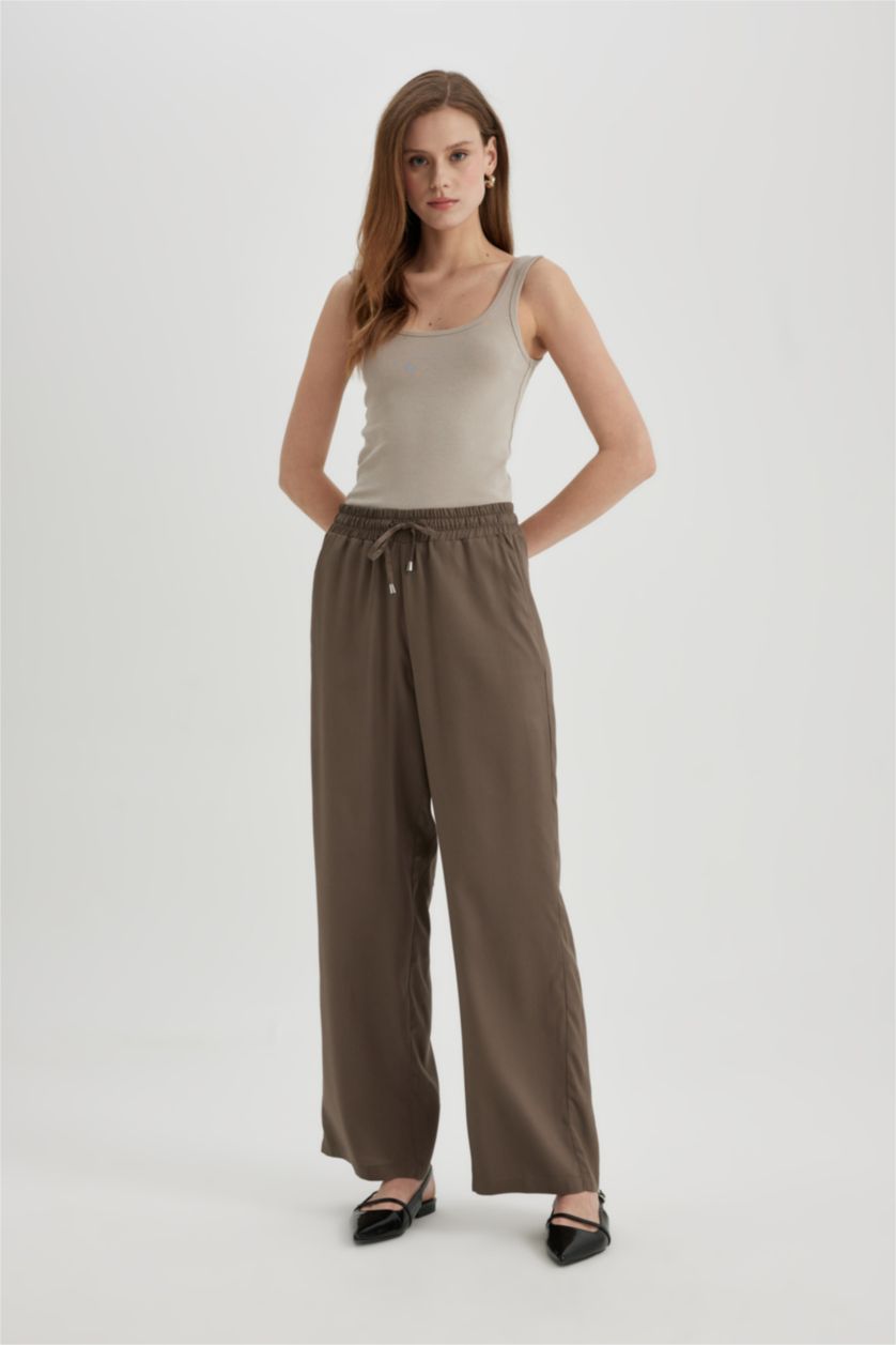 FEMME Marron Pantalon Large Viscose Taille Haute à Poches Modèle Florida