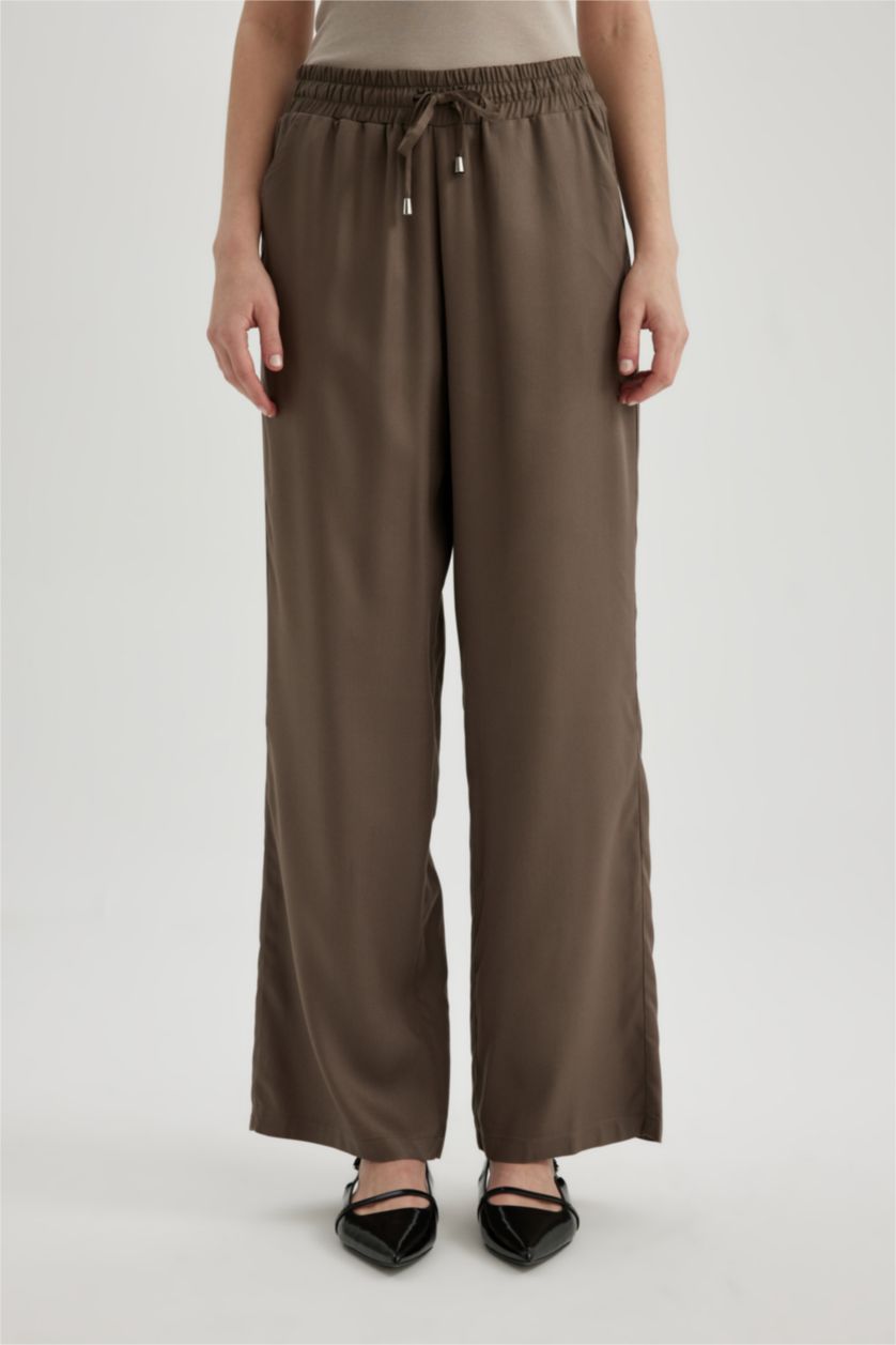 FEMME Marron Pantalon Large Viscose Taille Haute à Poches Modèle Florida