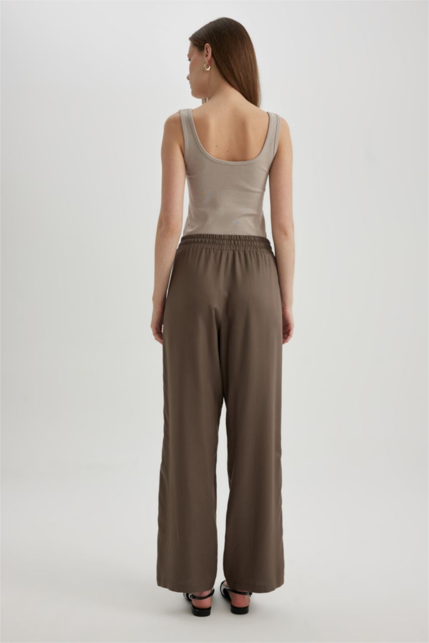 FEMME Marron Pantalon Large Viscose Taille Haute à Poches Modèle Florida