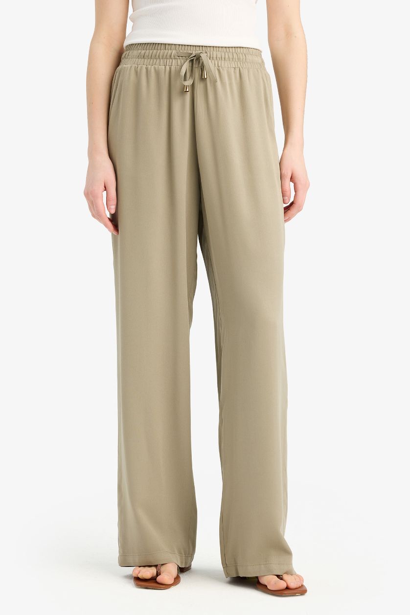 FEMME Kaki Pantalon en viscose large taille haute avec poches