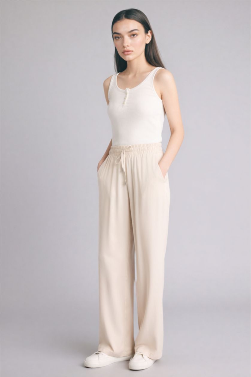 Женщины Бежевый Брюки из вискозы Florida с высокой талией карманами и широкими штанинами