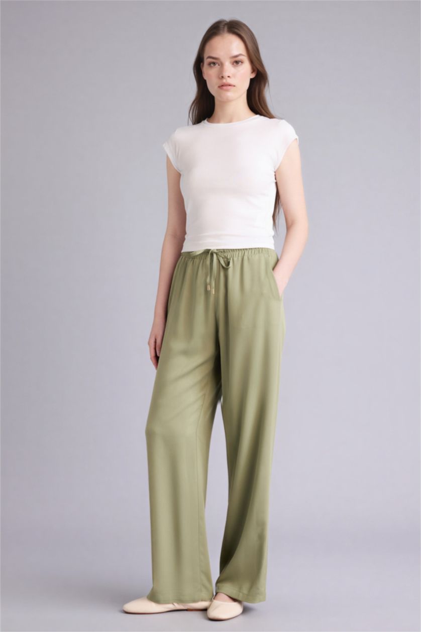 نساء كاكي بنطرون فيسكوز فلورايدا برجل واسع وايد ليج بجيب وخصر عالي