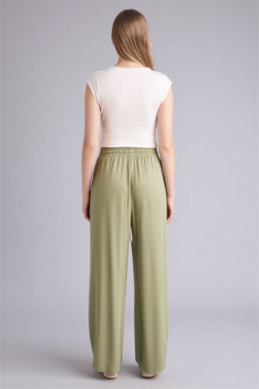 نساء كاكي بنطرون فيسكوز فلورايدا برجل واسع وايد ليج بجيب وخصر عالي