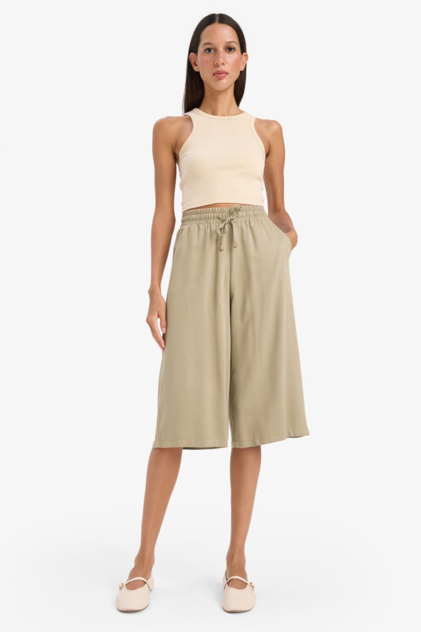 Woman Khaki Viscose High Waist Crop Fit Capri