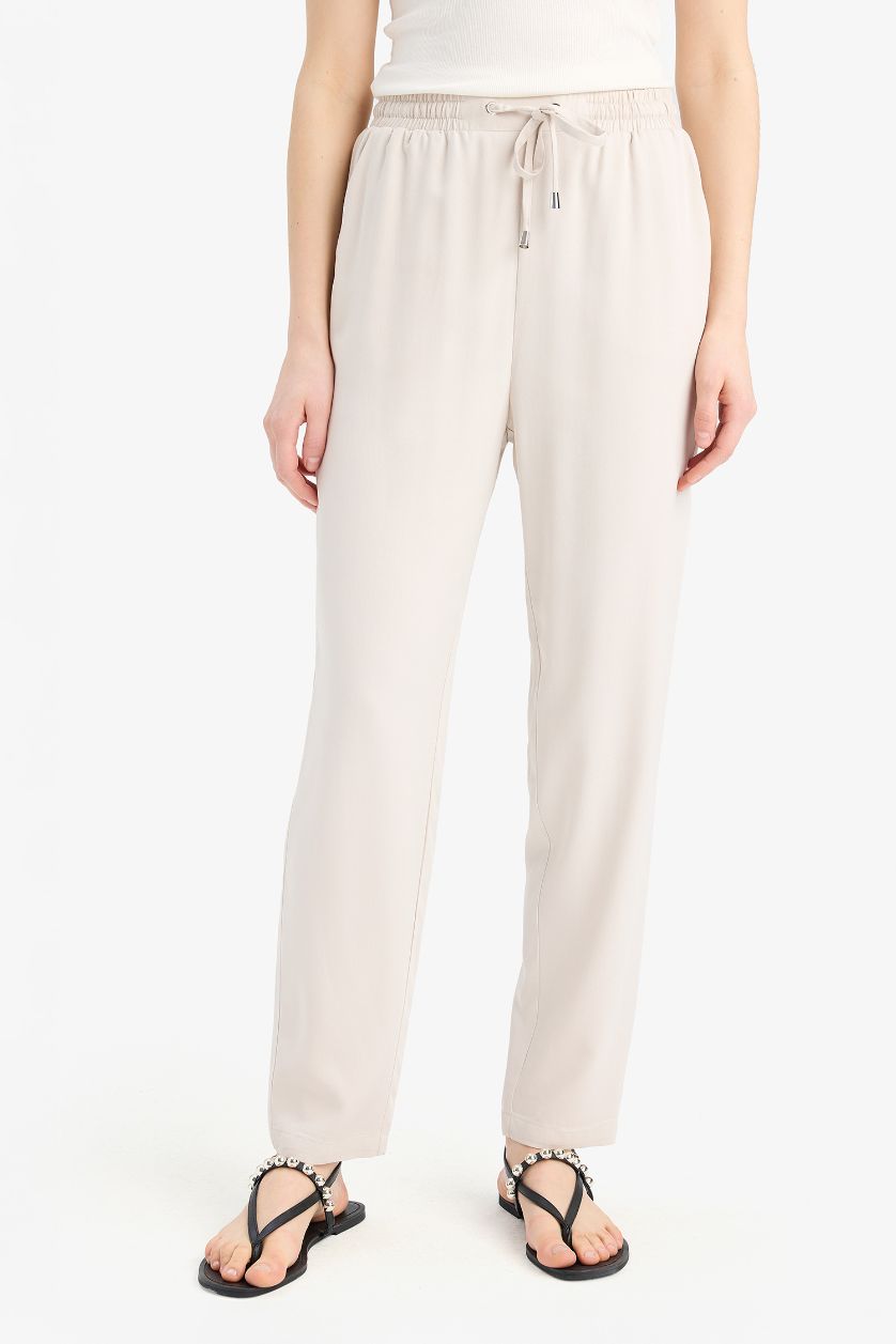 FEMME Beige Clair Pantalon droit taille haute avec poches en tissu Belmando