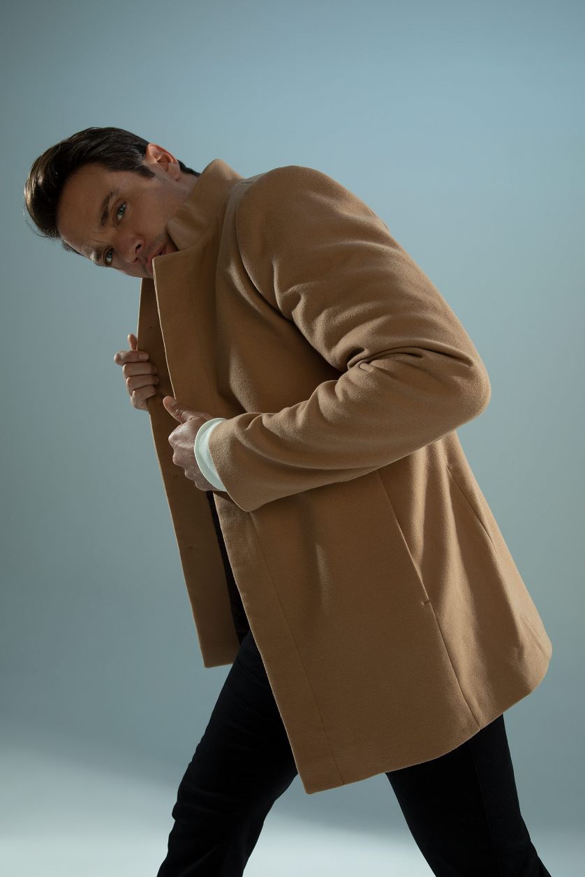 Erkek Açık Kahve Slim Fit Dik Yaka Kaşe Kaban