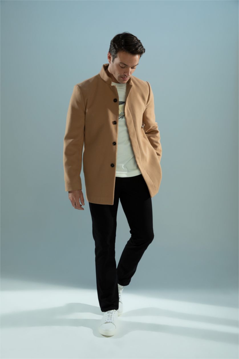 Erkek Açık Kahve Slim Fit Dik Yaka Kaşe Kaban