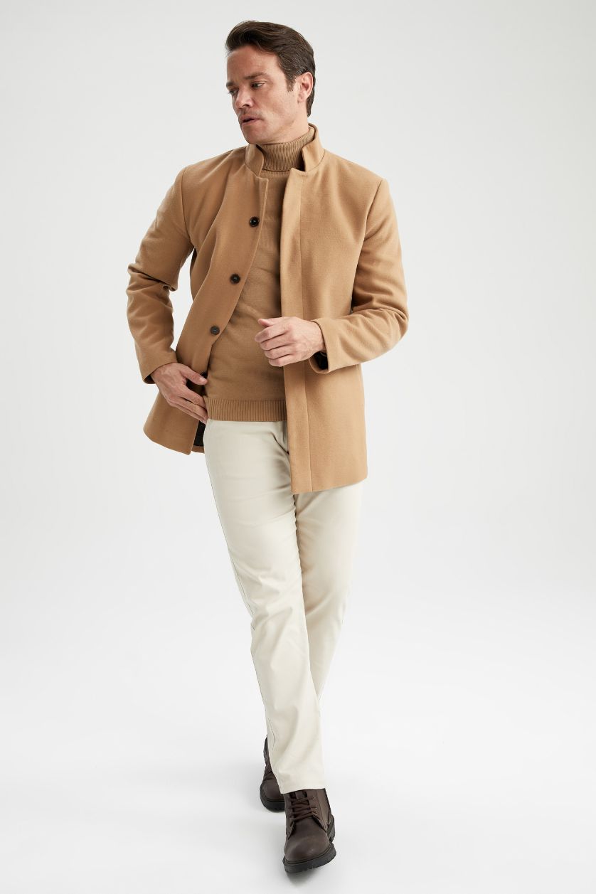 Erkek Açık Kahve Slim Fit Dik Yaka Kaşe Kaban