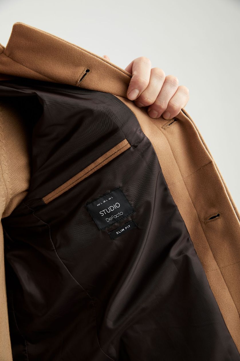 Erkek Açık Kahve Slim Fit Dik Yaka Kaşe Kaban