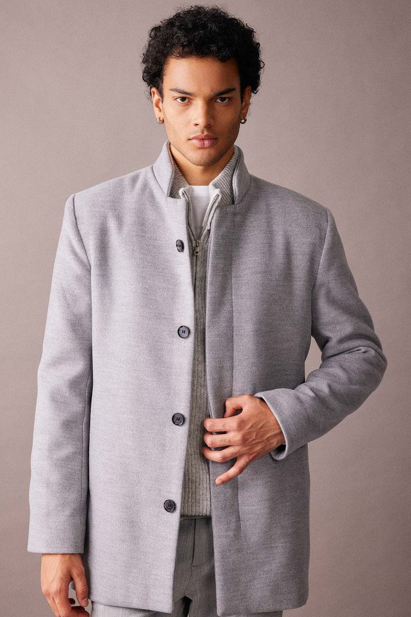 Man Dark Grey Melange Slim Fit Lined Cachet Coat