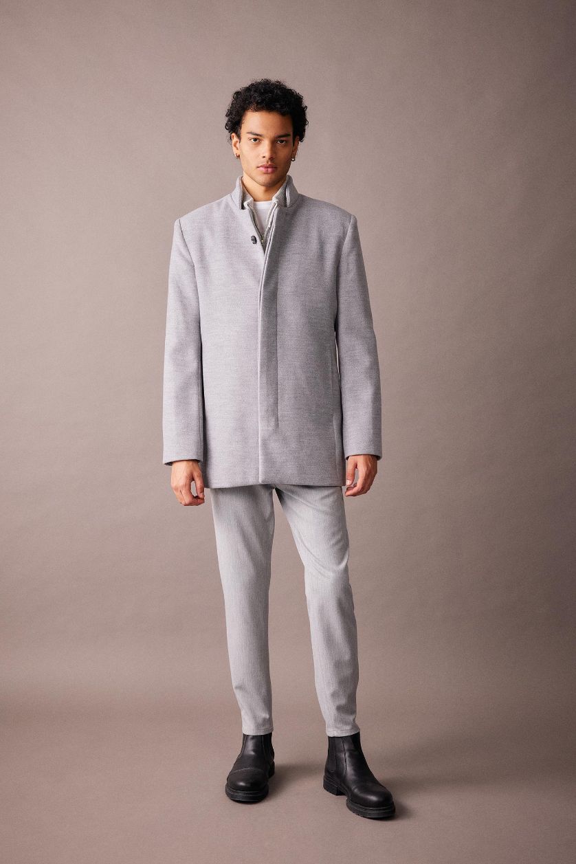 Man Dark Grey Melange Slim Fit Lined Cachet Coat