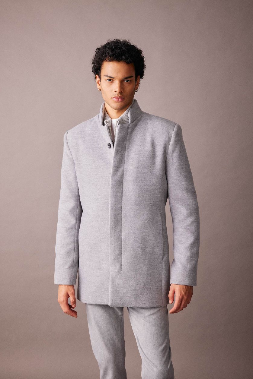 Man Dark Grey Melange Slim Fit Lined Cachet Coat