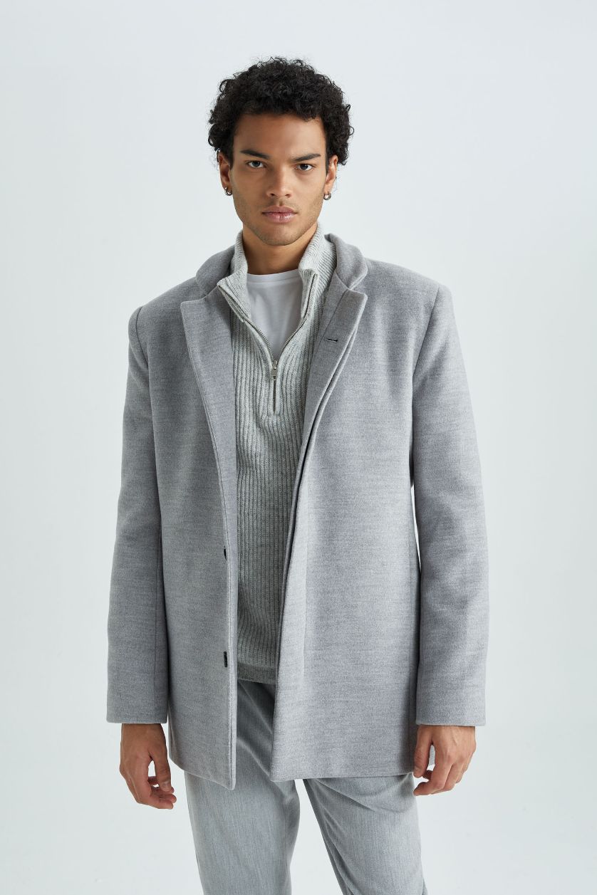 Man Dark Grey Melange Slim Fit Lined Cachet Coat