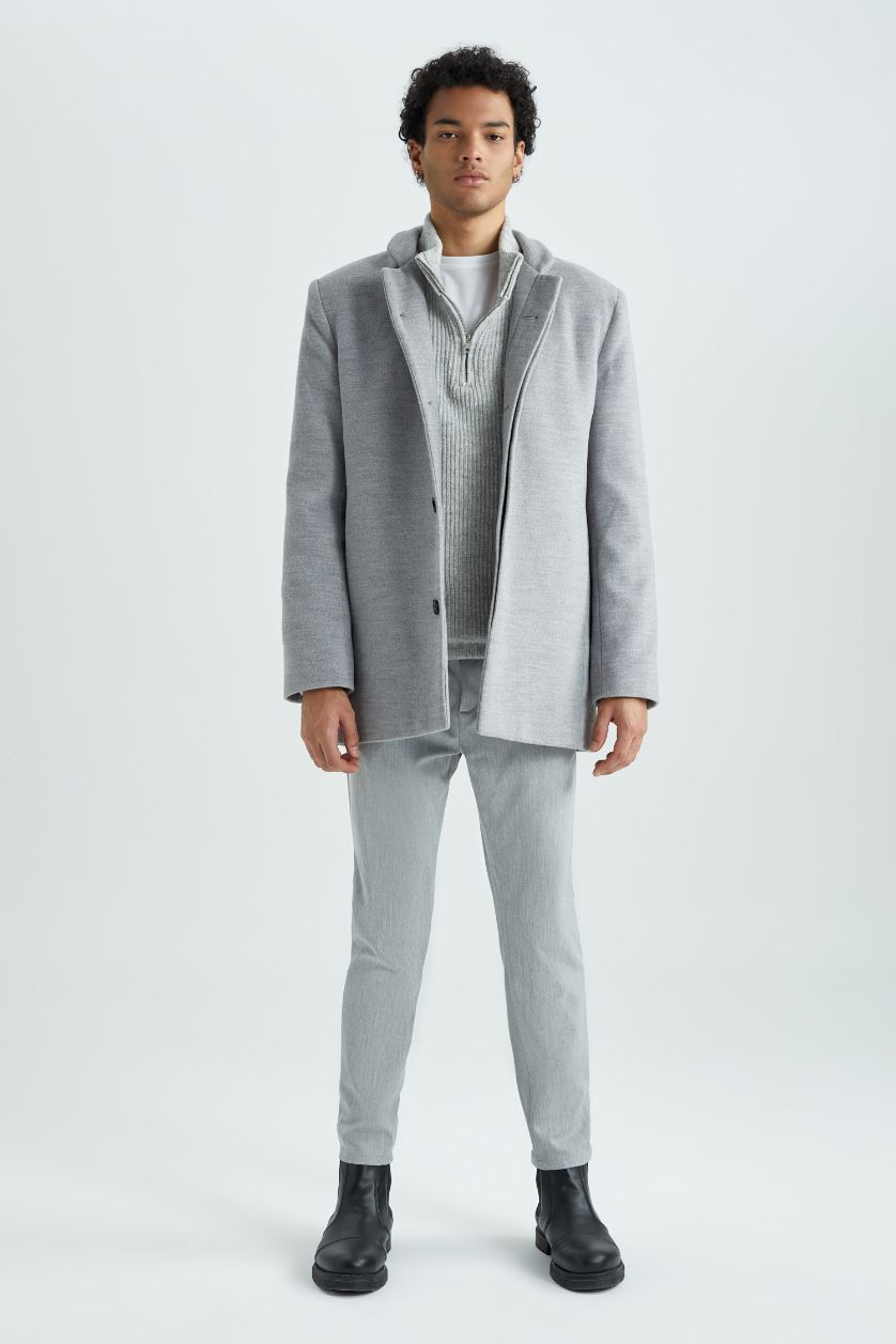 Man Dark Grey Melange Slim Fit Lined Cachet Coat