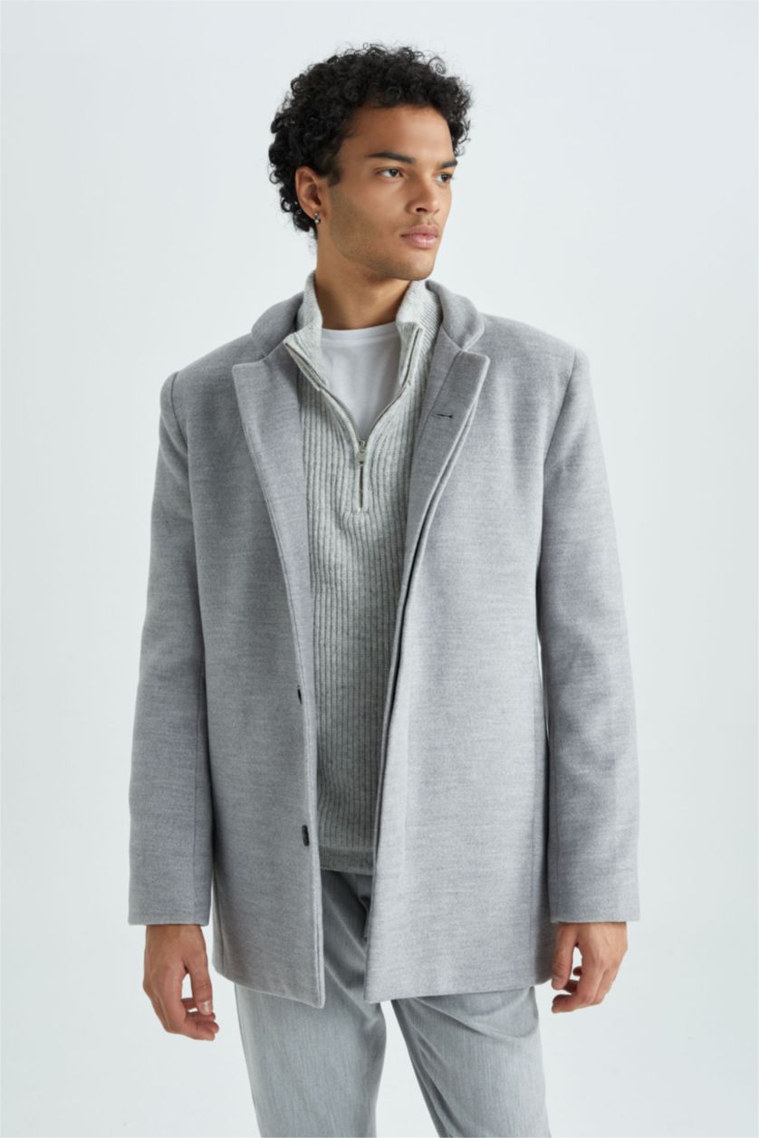 Man Dark Grey Melange Slim Fit Lined Cachet Coat