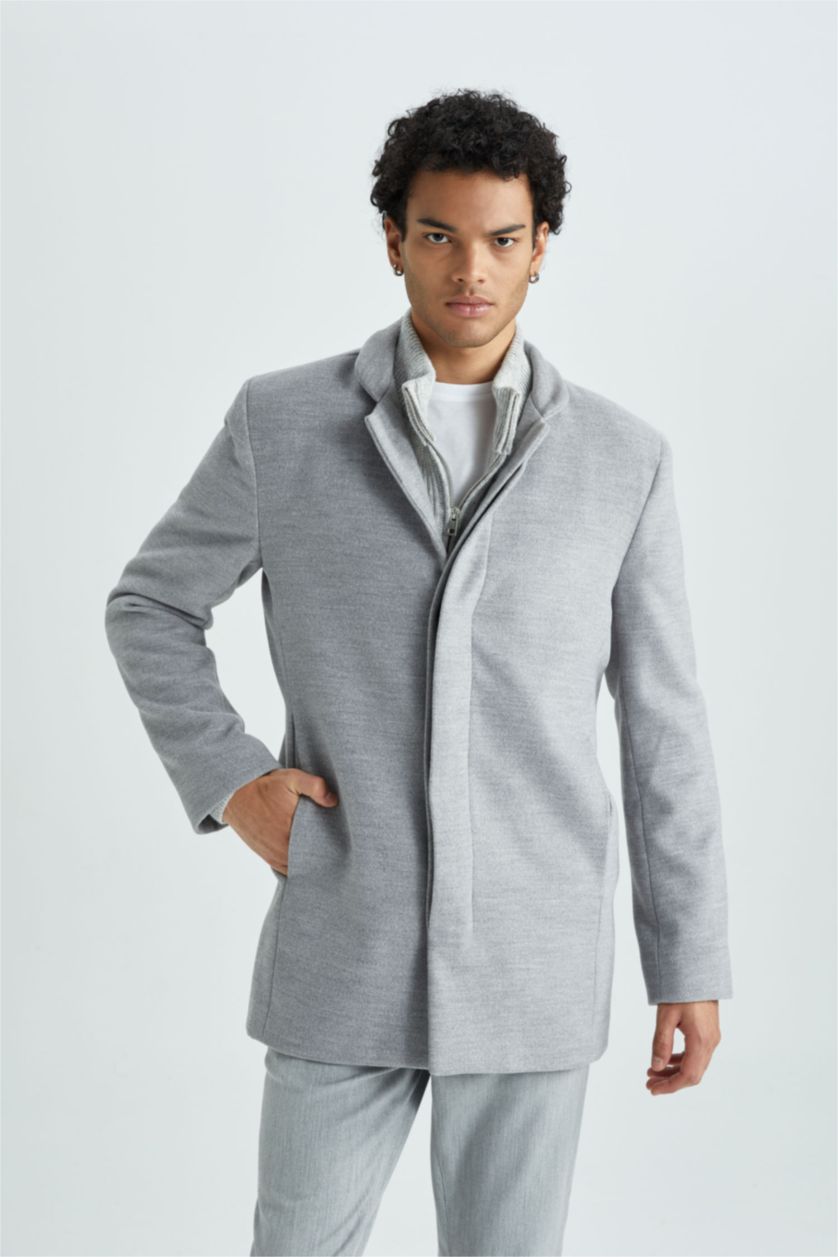 Man Dark Grey Melange Slim Fit Lined Cachet Coat