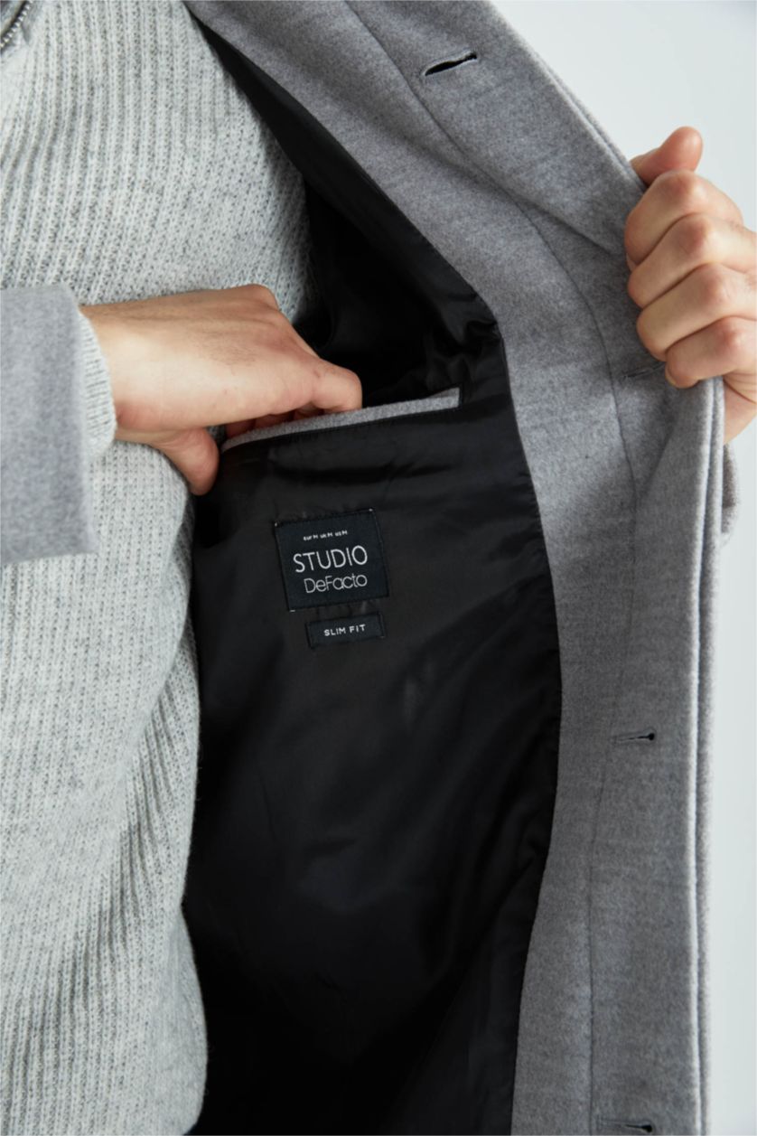 Man Dark Grey Melange Slim Fit Lined Cachet Coat