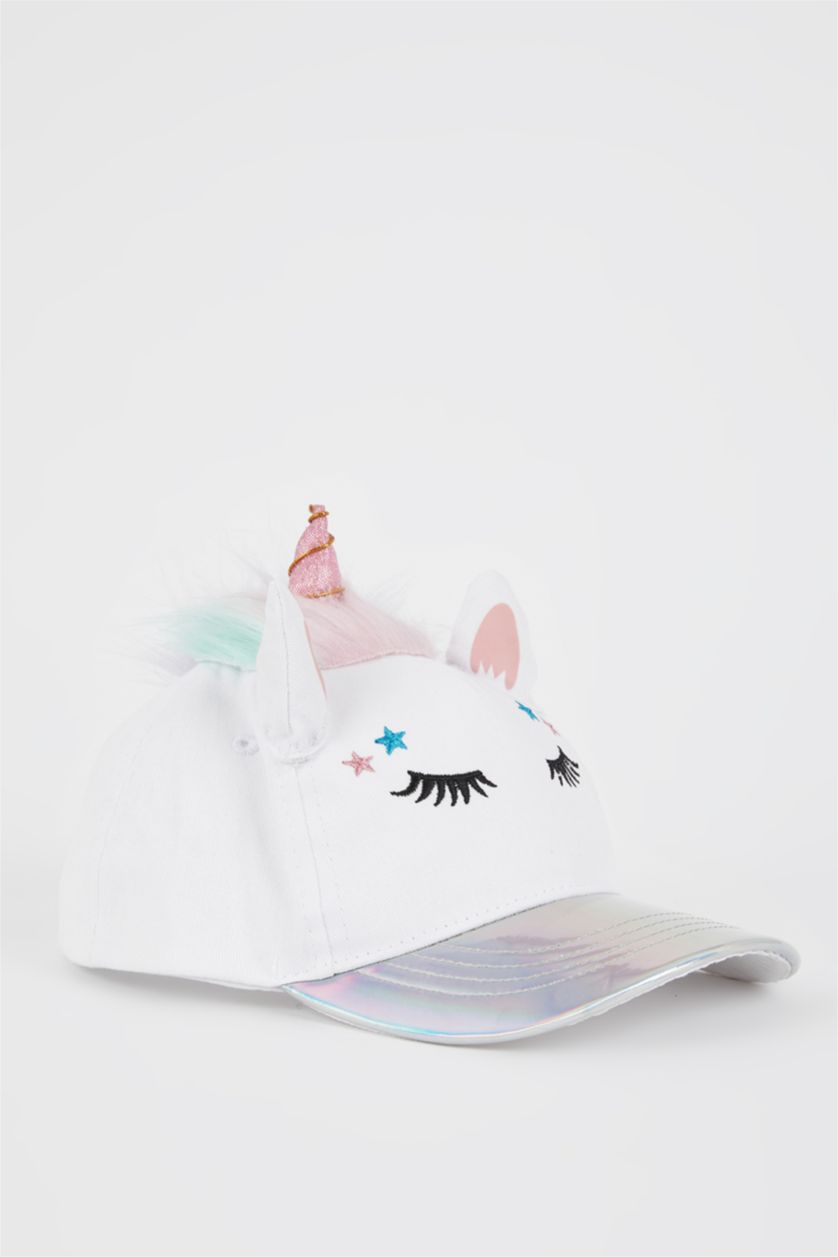 Kız Çocuk - Genç Kız Beyaz Kız Çocuk Unicorn Baskılı Şapka