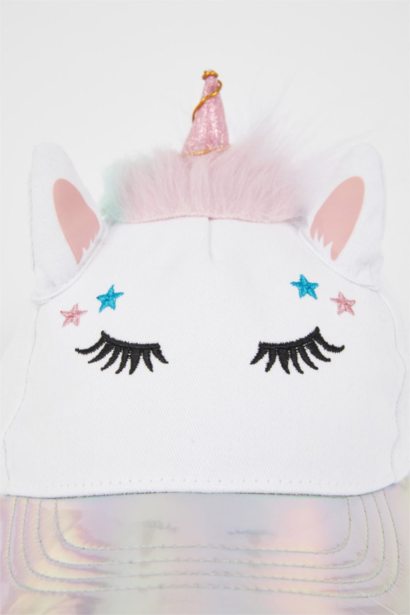 Kız Çocuk - Genç Kız Beyaz Kız Çocuk Unicorn Baskılı Şapka