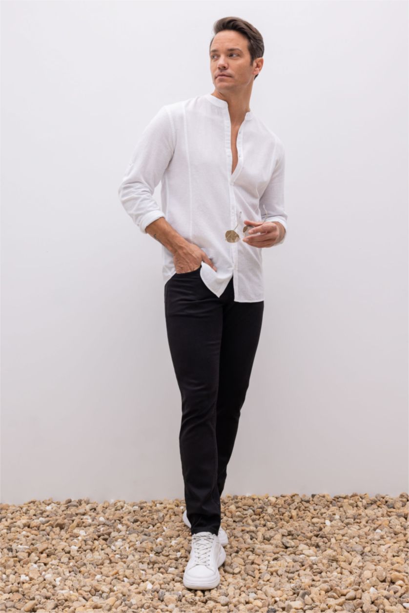 رجالي أبيض قميص مودرن فيت برقبة عالية