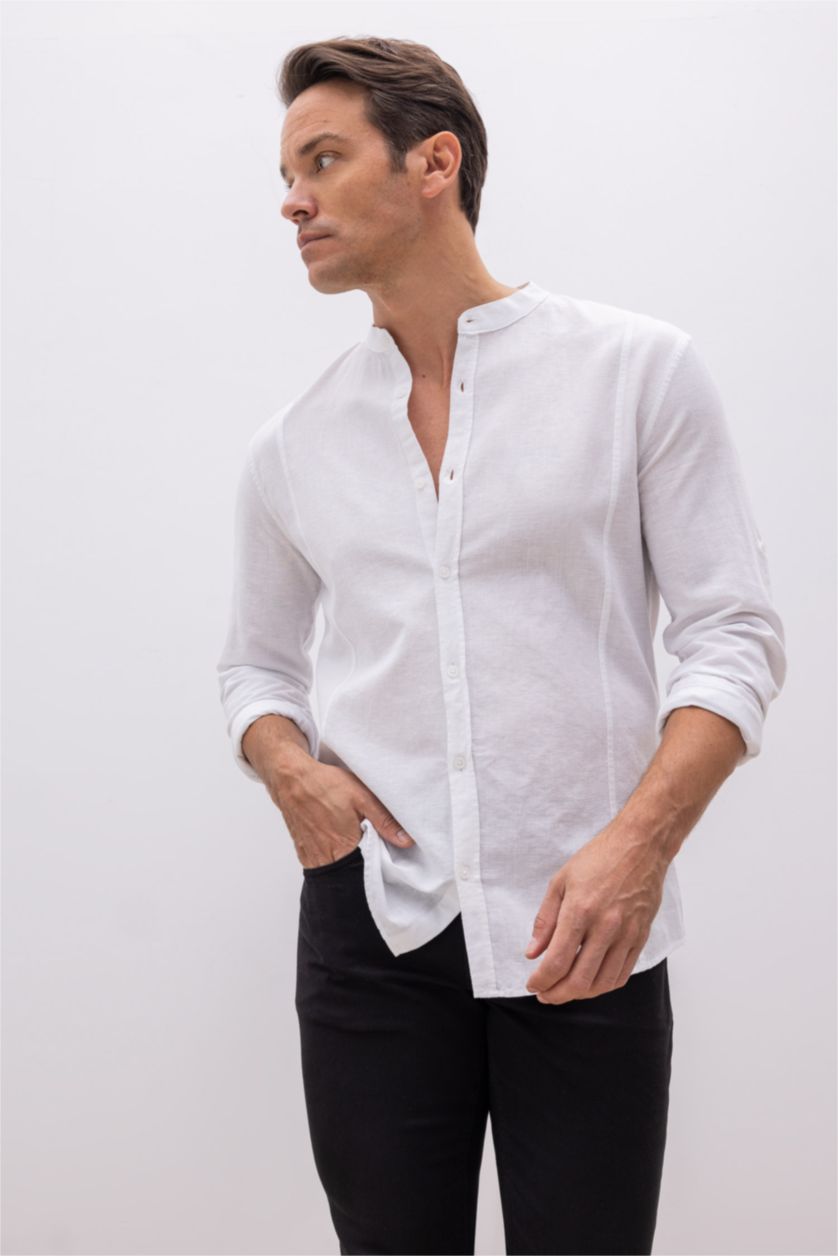 رجالي أبيض قميص مودرن فيت برقبة عالية