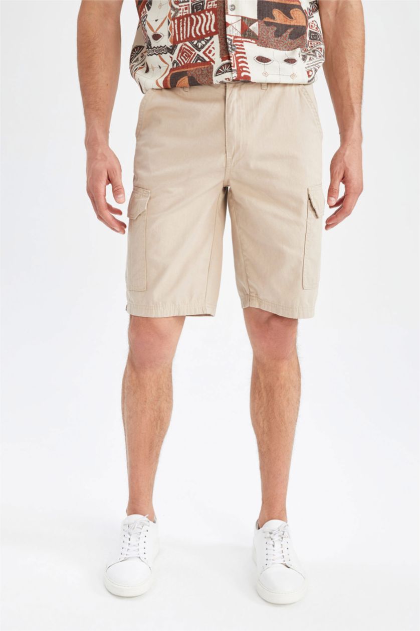Erkek Bej Regular Fit Kargo Bermuda Şort