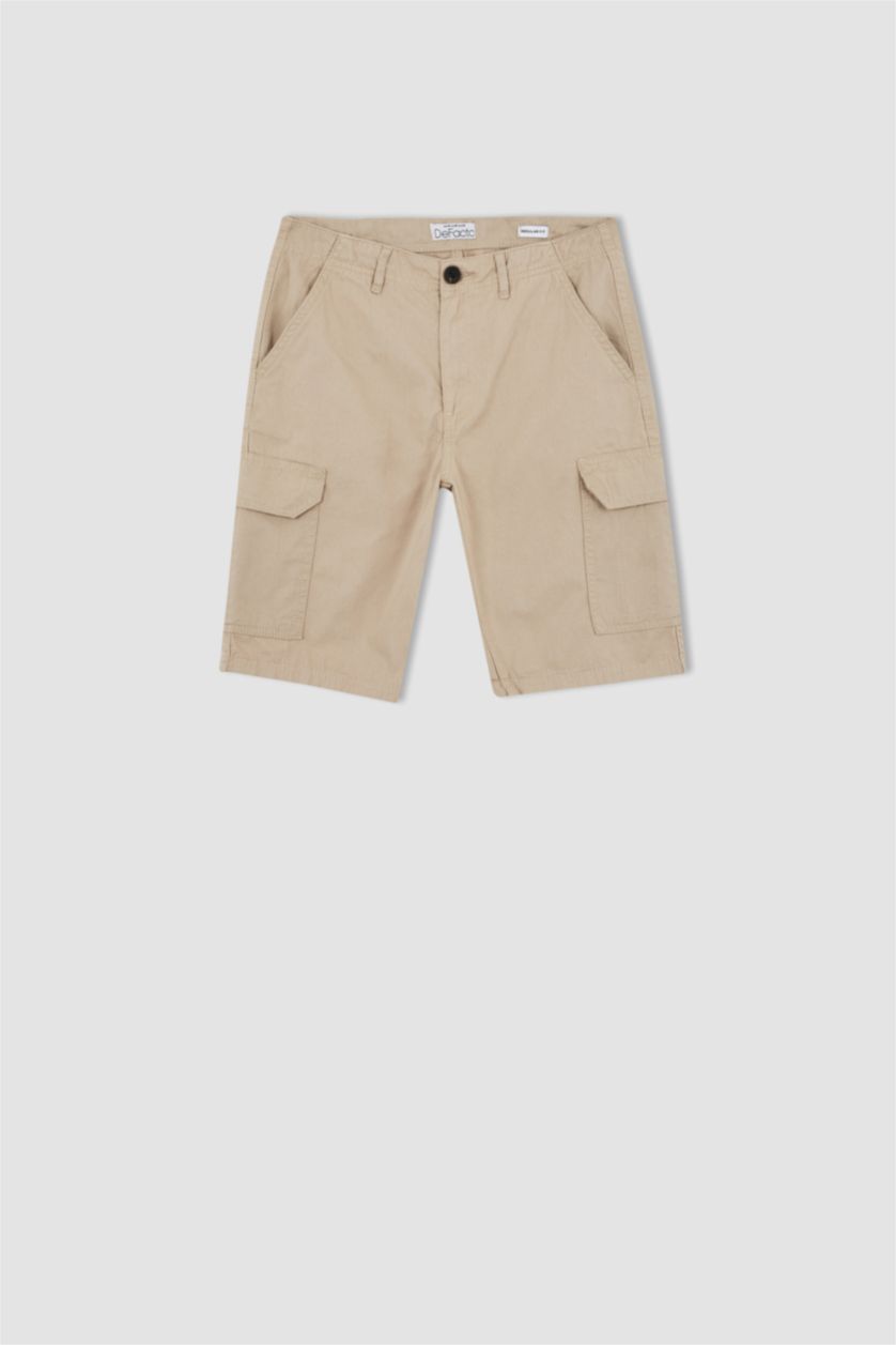 Erkek Bej Regular Fit Kargo Bermuda Şort