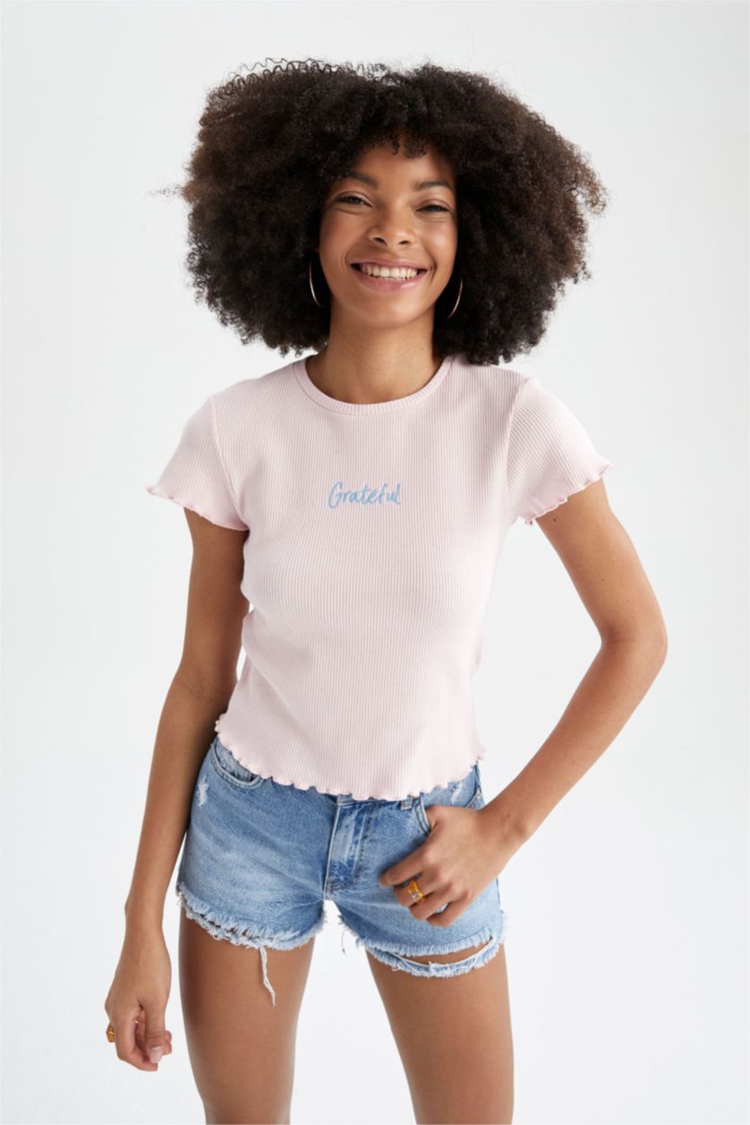 WOMAN Light Pink Slim Fit Crew Neck Short Sleeve T-Shirt